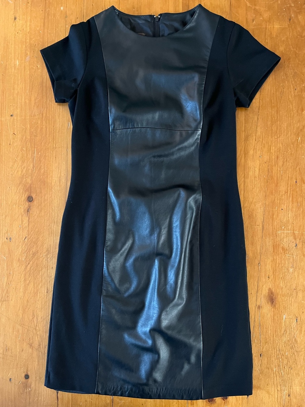Danier Italian Leather and Stretch Knit Midi Short Sleeve Minimalist Dress